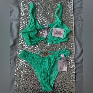 Savage X Fenty Bright Green Lace Bralette & Panties with cutout/gold logo